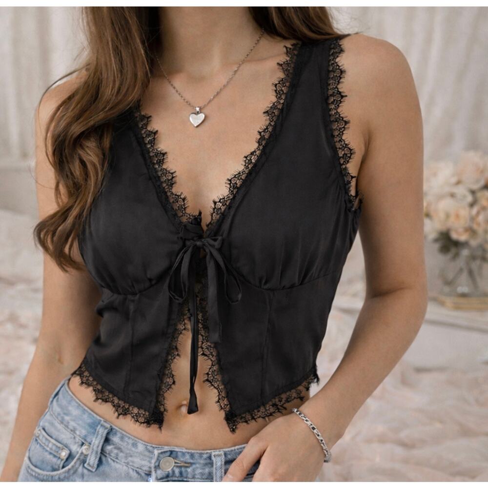 Princess Polly Black Satin Lace Tie Front Top Cami Y2K NWT US 4